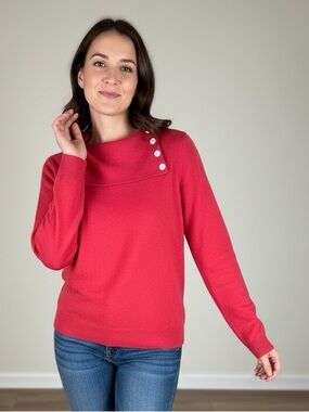 Cashmere Salmon-Pink Button Collar Cowl Neck Sweater